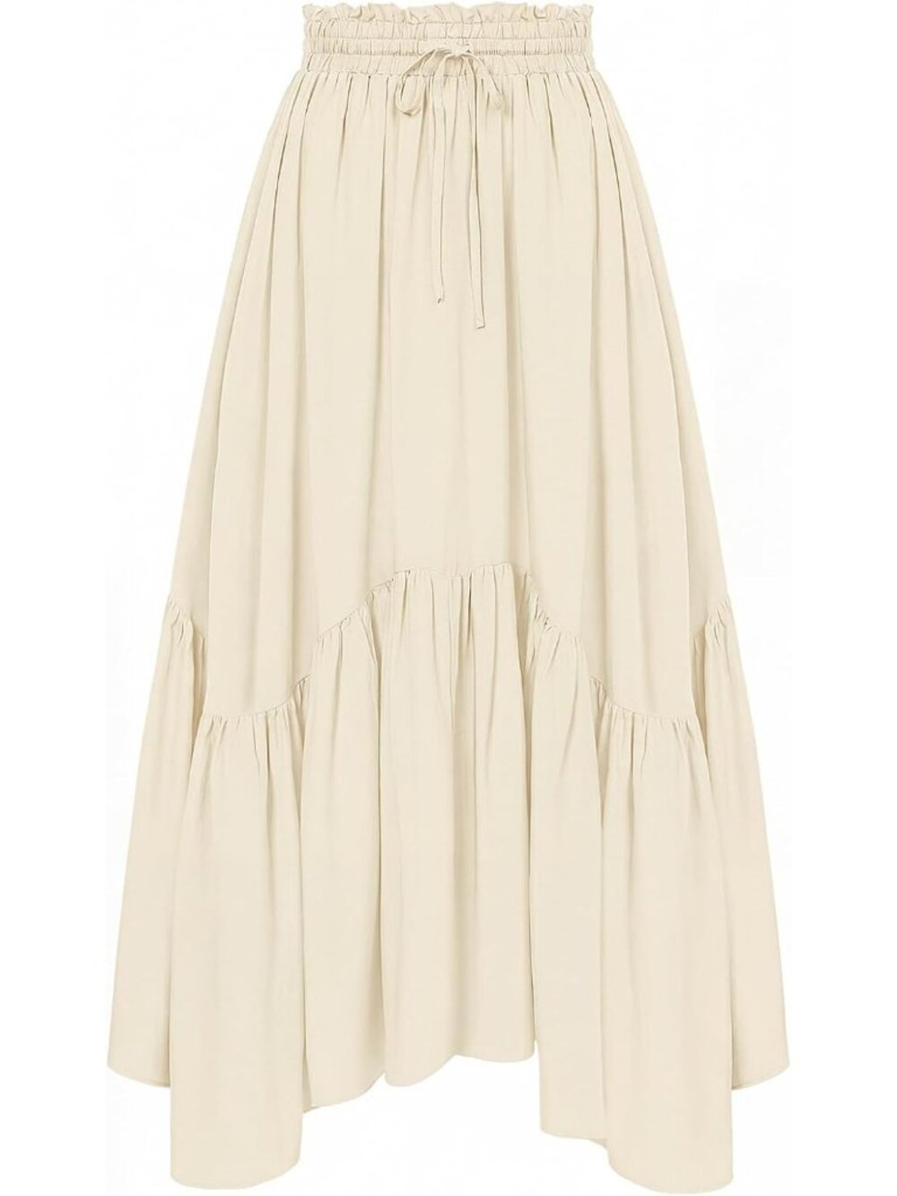 Women's Cream Drawstring Renaissance Boho Flowy Asymmetric Tiered Maxi Skirt